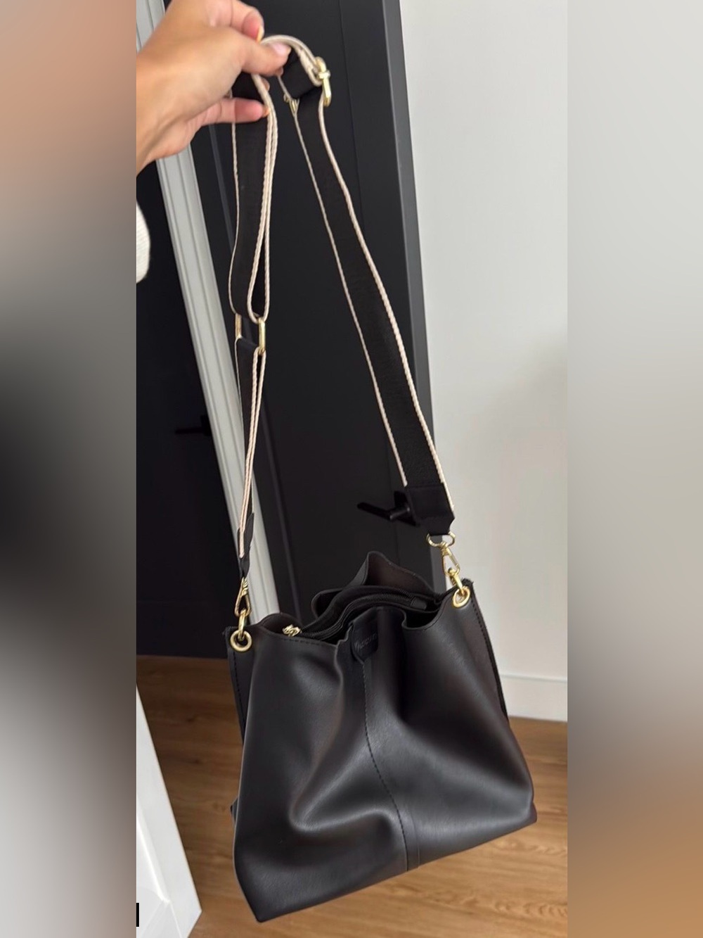 SHEIN Black Drawstring Bucket Bag with Adjustable Strap